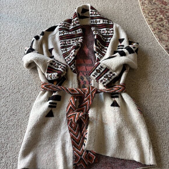 Zara Knitwear Aztec Belted Cardigan Sweater S | Southwestern Boho Cozy - Picture 2 of 9